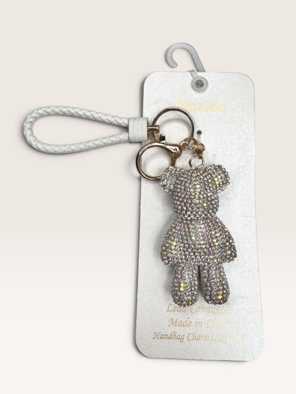 Natasha Rhinestone Teddy Bear Bag Charm Keychain New With Tags Silver White
